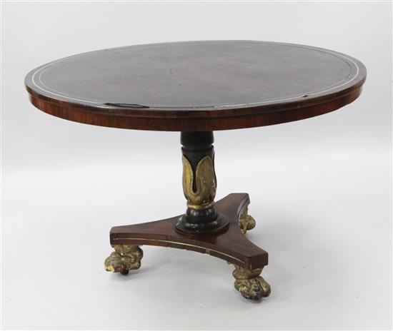 A Regency brass inset rosewood breakfast table, W.3ft 9in.